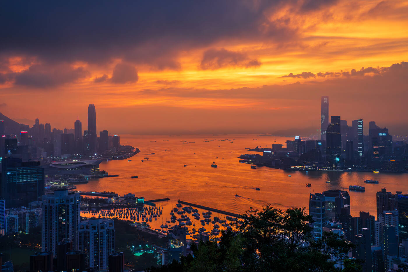 Hong Kong harbour under an orange sunset