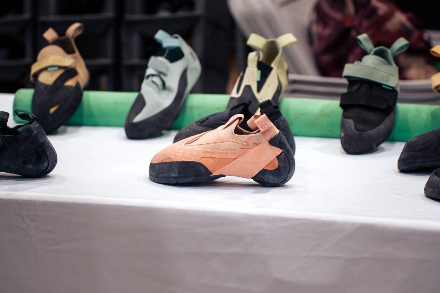Climbing shoes laid out on a table